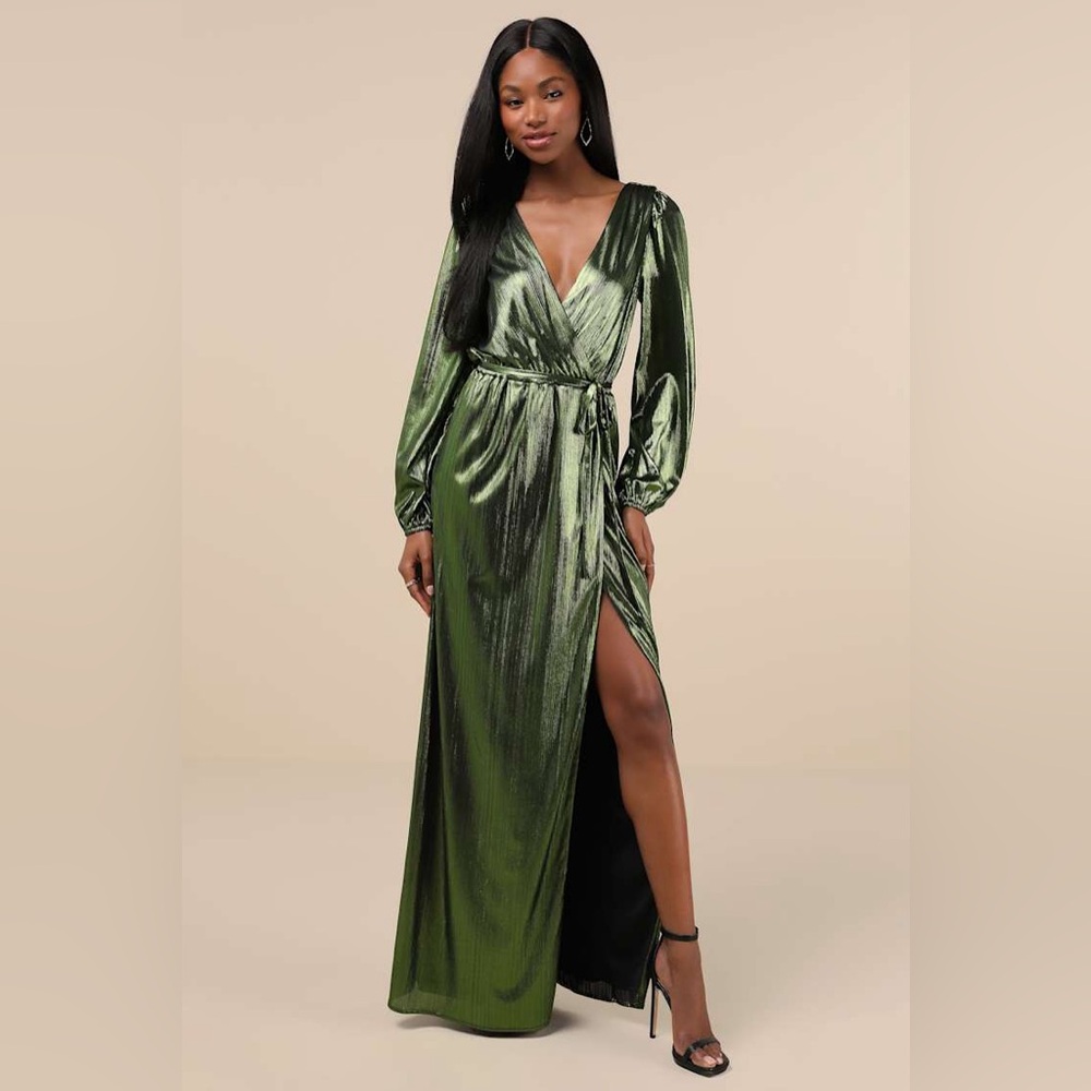 Lulu's Green Metallic Gown with V-Neck and Bishop Sleeves